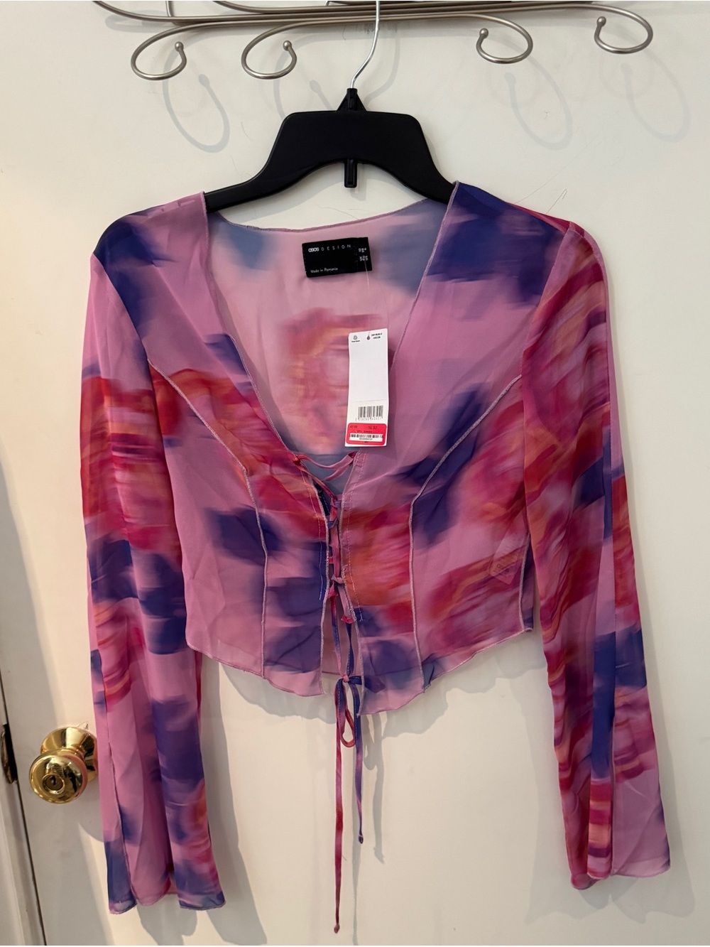 ASOS Pink Multi Sheer Tie-Front Blouse - Picture 6 of 6